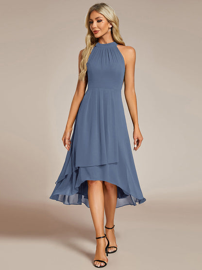 ever POSIE|Midi Halter Neck Chiffon Wedding Guest Dress with Sleeveless and A-Line
