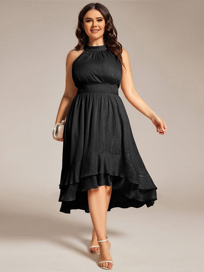 pretty ZOYA|Plus Size Glittery Sleeveless Halter Neck Midi Wedding Guest Dress