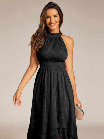 ever ZOYA|Sparkly High-Low Ruffle Halter Neck Wedding Guest Dress with Pleating
