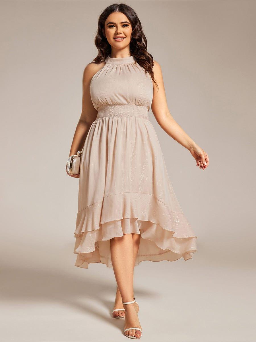ever ZOYA|Sparkly High-Low Ruffle Halter Neck Wedding Guest Dress with Pleating
