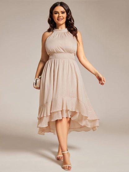 ever ZOYA|Sparkly High-Low Ruffle Halter Neck Wedding Guest Dress with Pleating