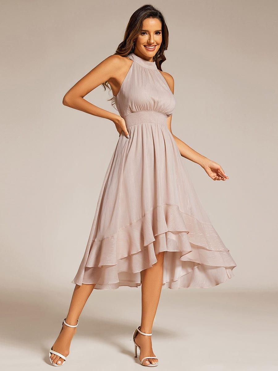 ever ZOYA|Sparkly High-Low Ruffle Halter Neck Wedding Guest Dress with Pleating