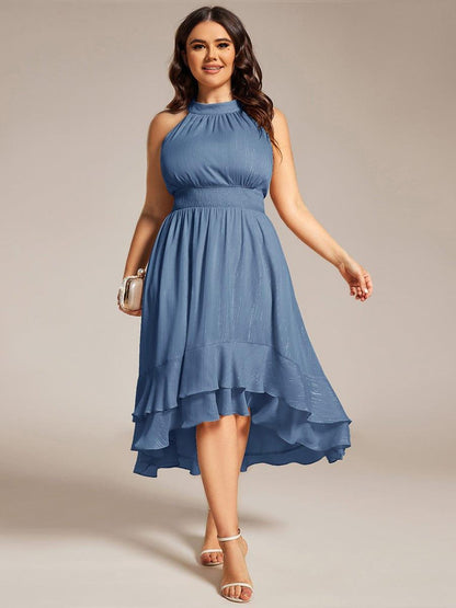 ever ZOYA|Sparkly High-Low Ruffle Halter Neck Wedding Guest Dress with Pleating
