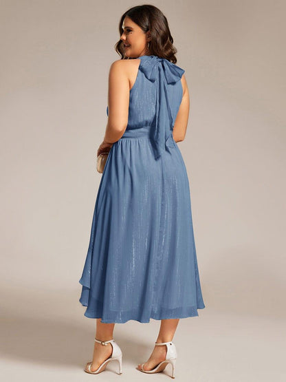 ever ZOYA|Sparkly High-Low Ruffle Halter Neck Wedding Guest Dress with Pleating