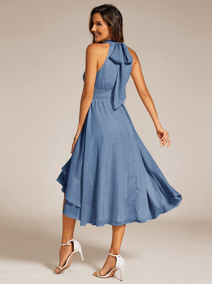 ever ZOYA|Sparkly High-Low Ruffle Halter Neck Wedding Guest Dress with Pleating