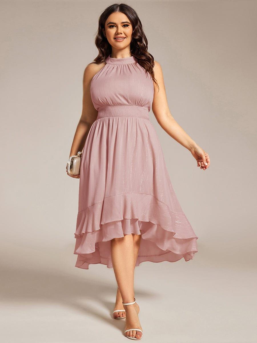 ever ZOYA|Sparkly High-Low Ruffle Halter Neck Wedding Guest Dress with Pleating