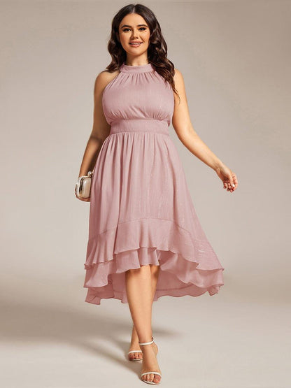 ever ZOYA|Sparkly High-Low Ruffle Halter Neck Wedding Guest Dress with Pleating