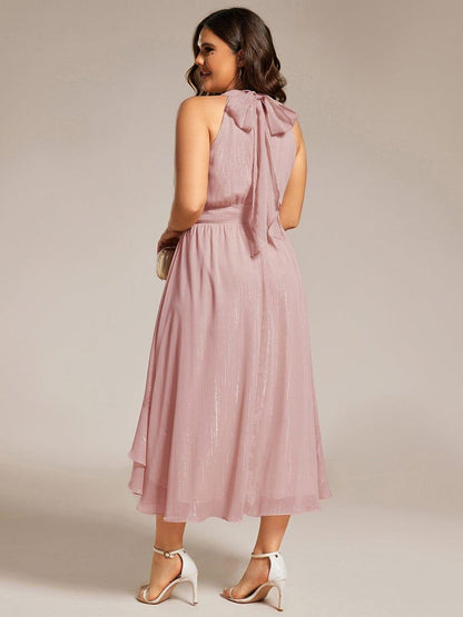 pretty ZOYA|Plus Size Glittery Sleeveless Halter Neck Midi Wedding Guest Dress