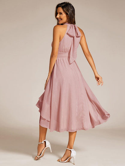 ever ZOYA|Sparkly High-Low Ruffle Halter Neck Wedding Guest Dress with Pleating