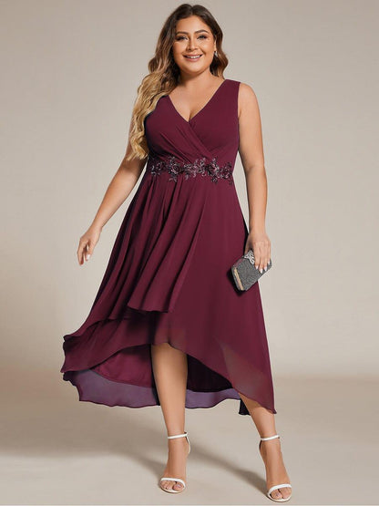 ever IRYS|Sleeveless V-Neck High Low Wedding Guest Dress with Floral Applique