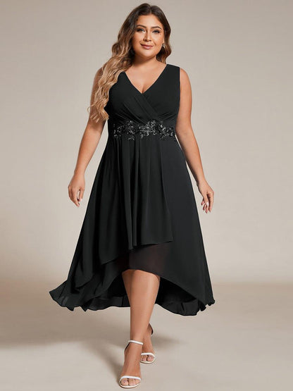 ever IRYS|Sleeveless V-Neck High Low Wedding Guest Dress with Floral Applique
