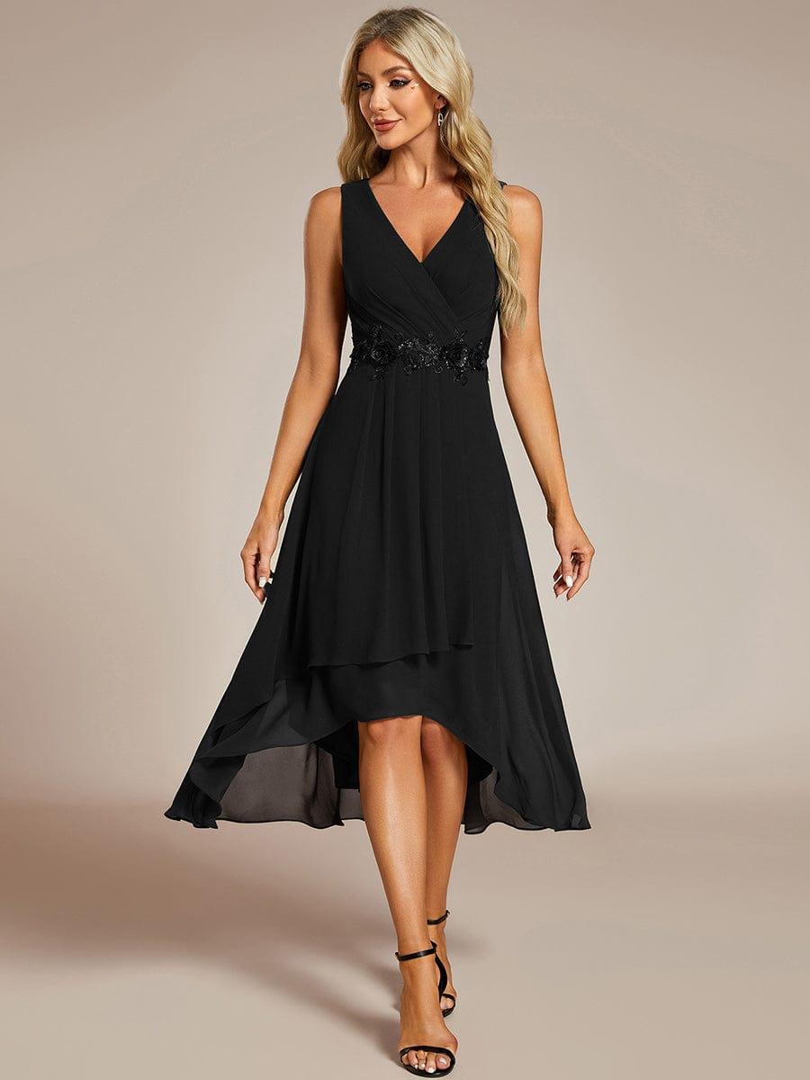 ever IRYS|Sleeveless V-Neck High Low Wedding Guest Dress with Floral Applique