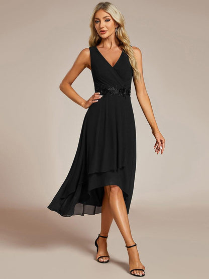 ever IRYS|Sleeveless V-Neck High Low Wedding Guest Dress with Floral Applique