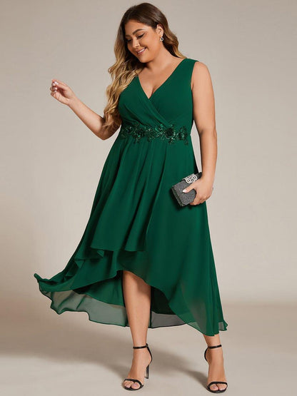 pretty IRYS|Sleeveless V-Neck High Low Plus Size Wedding Guest Dress with Floral Applique