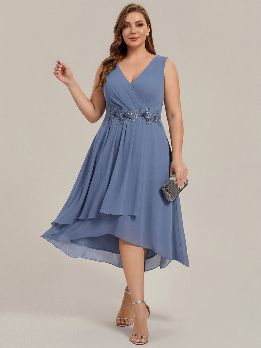 ever IRYS|Sleeveless V-Neck High Low Wedding Guest Dress with Floral Applique