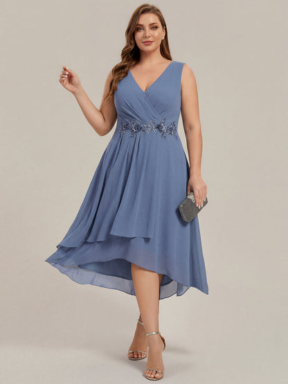ever IRYS|Sleeveless V-Neck High Low Wedding Guest Dress with Floral Applique