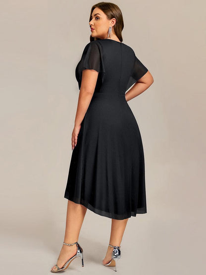 ever DANNA|Short Sleeve V-Neck Asymmetrical Midi Wedding Guest Dress