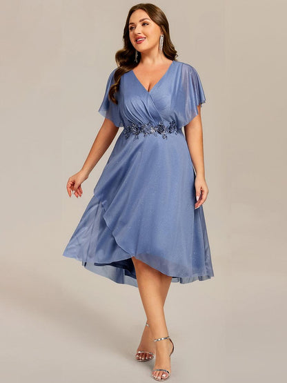 ever DANNA|Short Sleeve V-Neck Asymmetrical Midi Wedding Guest Dress