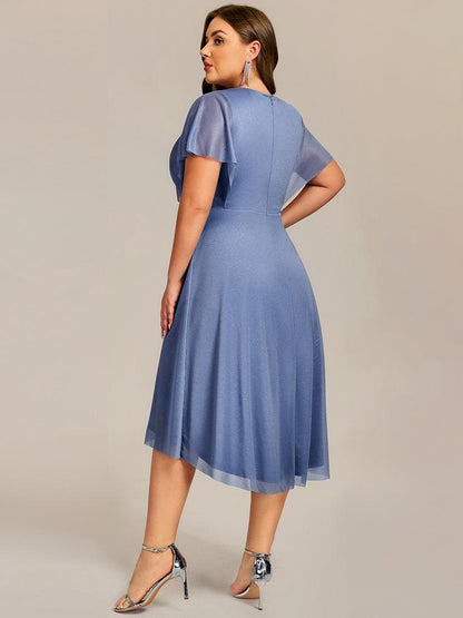 ever DANNA|Short Sleeve V-Neck Asymmetrical Midi Wedding Guest Dress