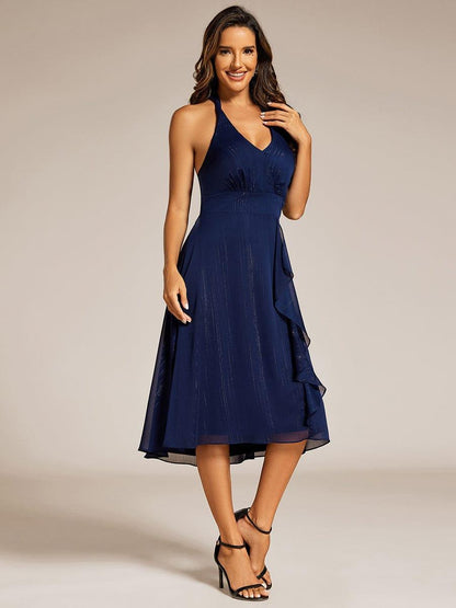 Chic V-Neck Halter Bow High-Waist Sleeveless Lotus Leaf Wedding Guest Dress