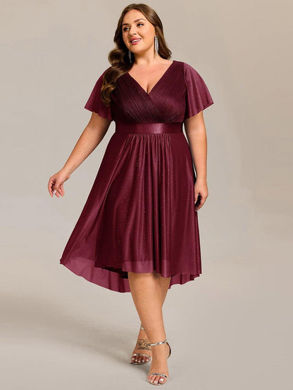 ever SOL|Short Sleeve V-Neck Pleated Glitter Midi Wedding Guest Dress
