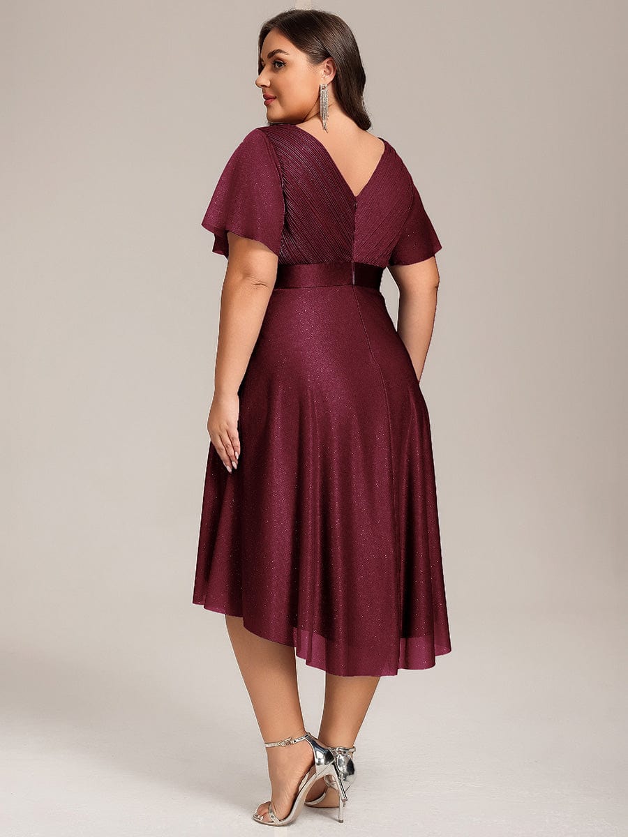 ever SOL|Short Sleeve V-Neck Pleated Glitter Midi Wedding Guest Dress