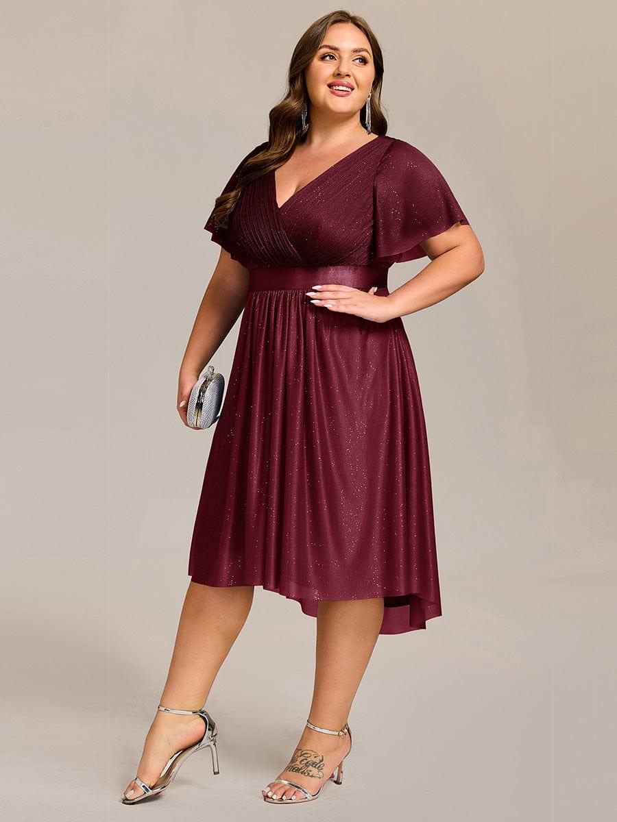 ever SOL|Short Sleeve V-Neck Pleated Glitter Midi Wedding Guest Dress