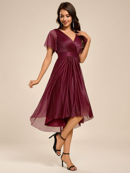 ever SOL|Short Sleeve V-Neck Pleated Glitter Midi Wedding Guest Dress