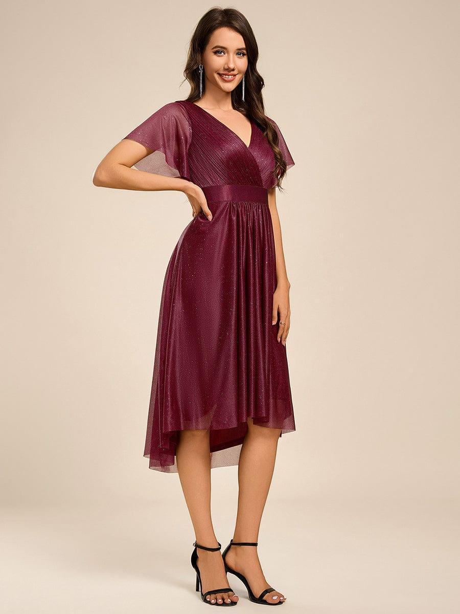 ever SOL|Short Sleeve V-Neck Pleated Glitter Midi Wedding Guest Dress