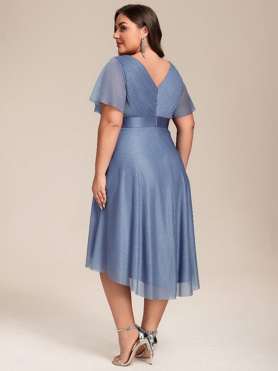 ever SOL|Short Sleeve V-Neck Pleated Glitter Midi Wedding Guest Dress
