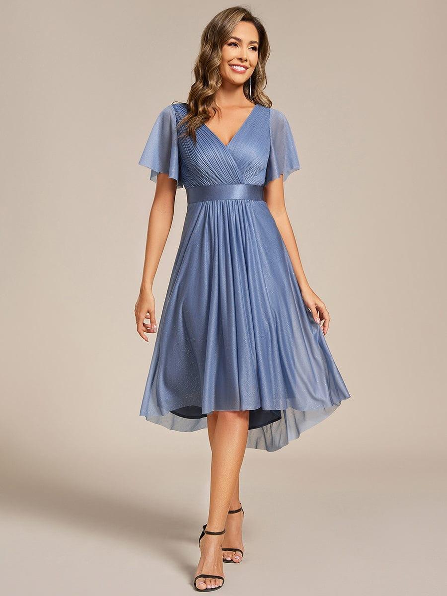 ever SOL|Short Sleeve V-Neck Pleated Glitter Midi Wedding Guest Dress