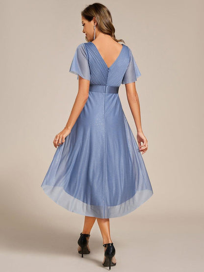 ever SOL|Short Sleeve V-Neck Pleated Glitter Midi Wedding Guest Dress