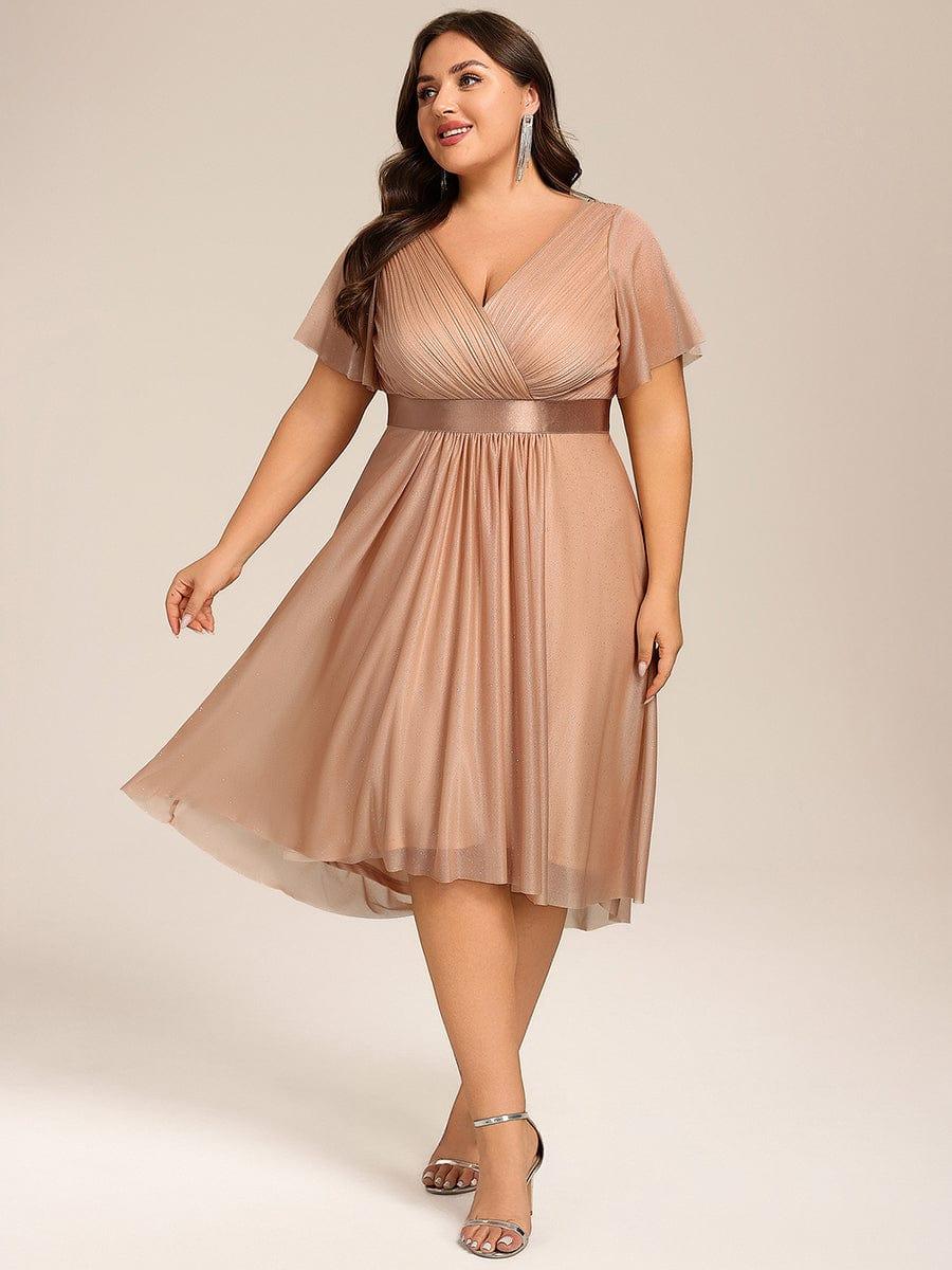 ever SOL|Short Sleeve V-Neck Pleated Glitter Midi Wedding Guest Dress