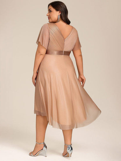 ever SOL|Short Sleeve V-Neck Pleated Glitter Midi Wedding Guest Dress
