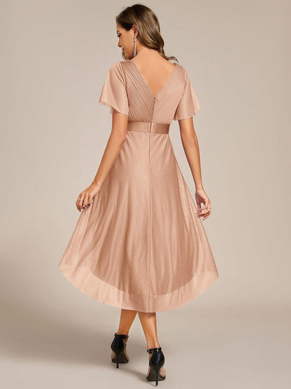 ever SOL|Short Sleeve V-Neck Pleated Glitter Midi Wedding Guest Dress