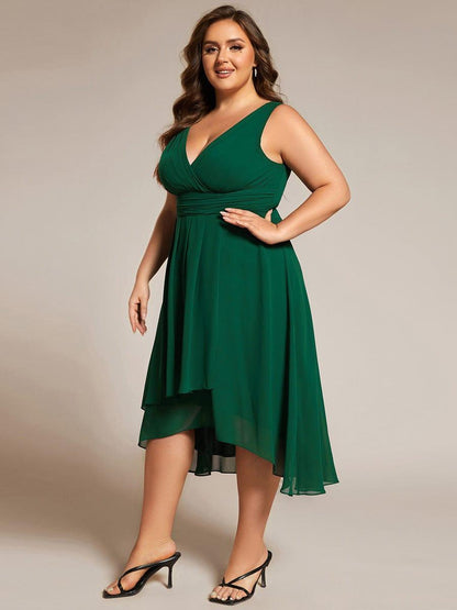 ever AUGUST|Chic V-Neck Pleated Sleeveless High-Low Chiffon Wedding Guest Dress