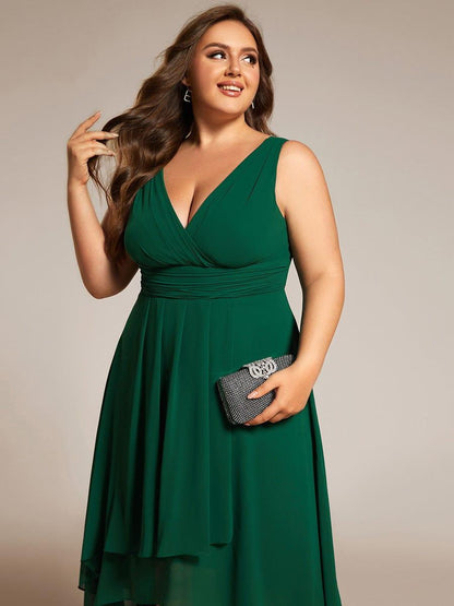 ever AUGUST|Chic V-Neck Pleated Sleeveless High-Low Chiffon Wedding Guest Dress