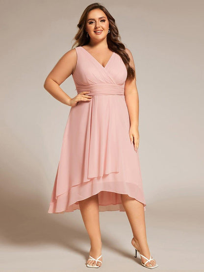 ever AUGUST|Chic V-Neck Pleated Sleeveless High-Low Chiffon Wedding Guest Dress