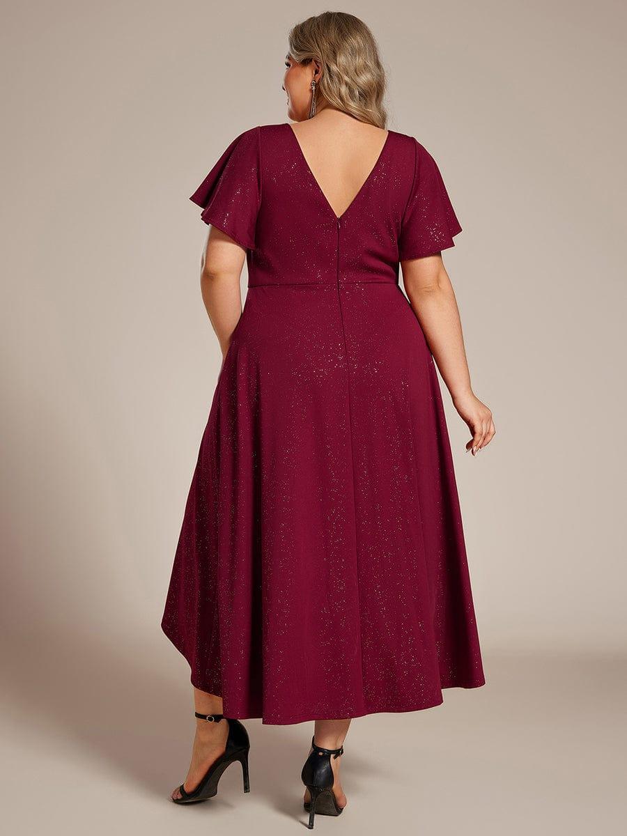 Glow Lana | Sparkling V-Neck High-Low Wedding Guest Dress with Ruffled Sleeves