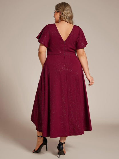 Glow Lana | Sparkling V-Neck High-Low Wedding Guest Dress with Ruffled Sleeves