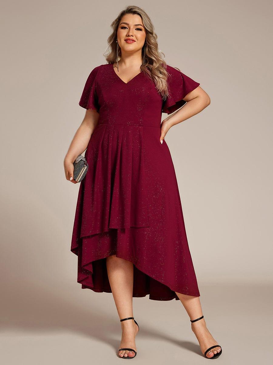Glow Lana | Sparkling V-Neck High-Low Wedding Guest Dress with Ruffled Sleeves