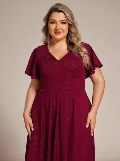 Glow Lana | Sparkling V-Neck High-Low Wedding Guest Dress with Ruffled Sleeves