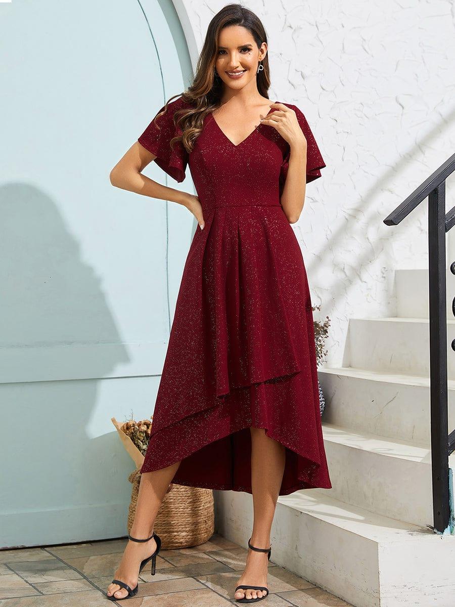 Glow Lana | Sparkling V-Neck High-Low Wedding Guest Dress with Ruffled Sleeves