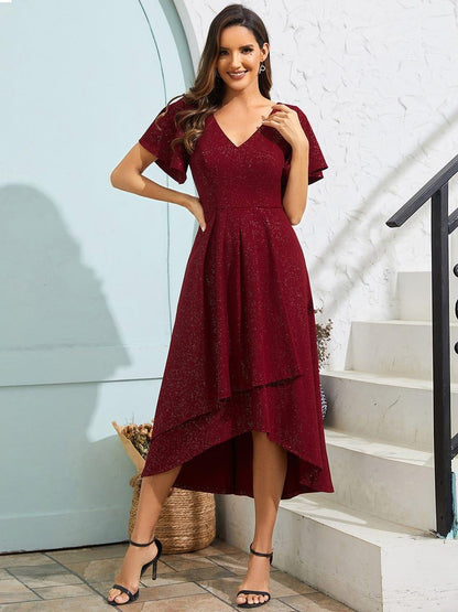Glow Lana | Sparkling V-Neck High-Low Wedding Guest Dress with Ruffled Sleeves