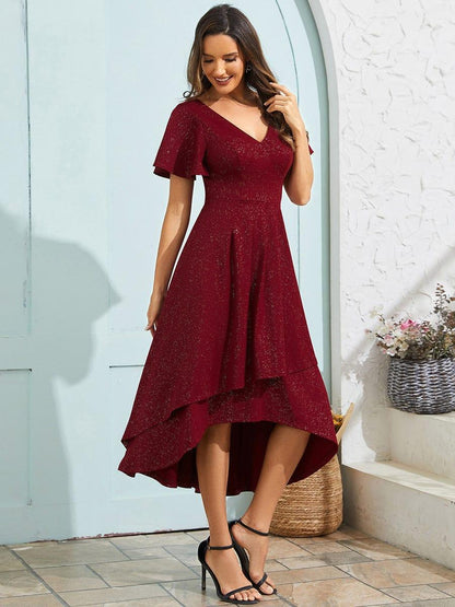 Glow Lana | Sparkling V-Neck High-Low Wedding Guest Dress with Ruffled Sleeves