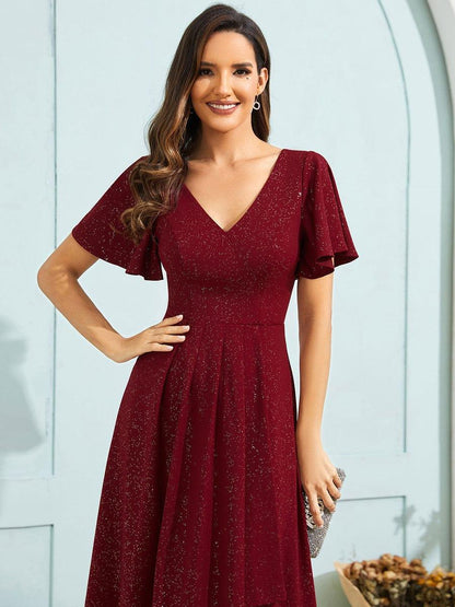 Glow Lana | Sparkling V-Neck High-Low Wedding Guest Dress with Ruffled Sleeves