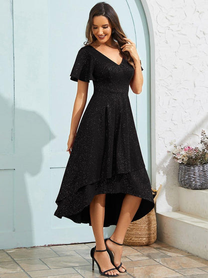 Glow Lana | Sparkling V-Neck High-Low Wedding Guest Dress with Ruffled Sleeves