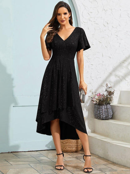Glow Lana | Sparkling V-Neck High-Low Wedding Guest Dress with Ruffled Sleeves