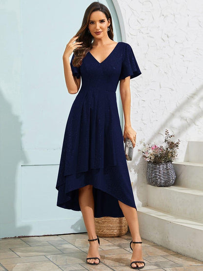 Glow Lana | Sparkling V-Neck High-Low Wedding Guest Dress with Ruffled Sleeves