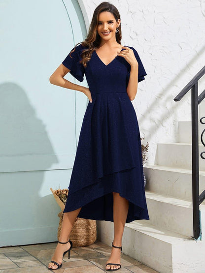 Glow Lana | Sparkling V-Neck High-Low Wedding Guest Dress with Ruffled Sleeves